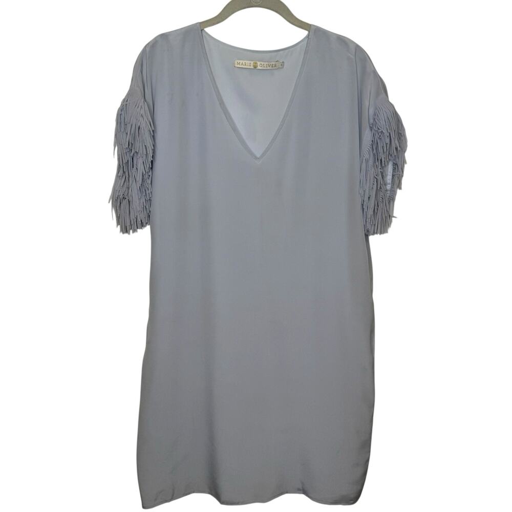 Marie Oliver Andi 100% Silk Powder Blue Fringe Sleeve Flapper Shift Dress